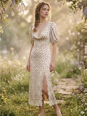 Urban Outfitters Lauren Lace Trim Floral Midi Dress L Blue Yellow Cottagecore